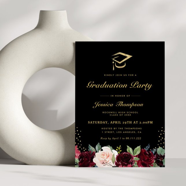 Invitation Fête de graduation florale bordeaux noir et or (Créateur téléchargé)