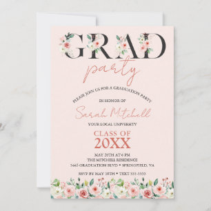 Invitation Fête de graduation florale rose pâle
