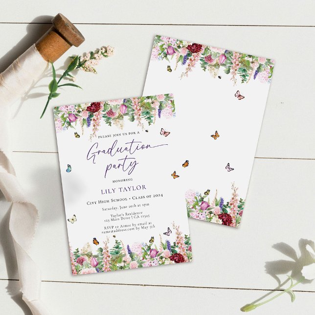 Invitation Fête de graduation florale rose romantique violet (Créateur téléchargé)