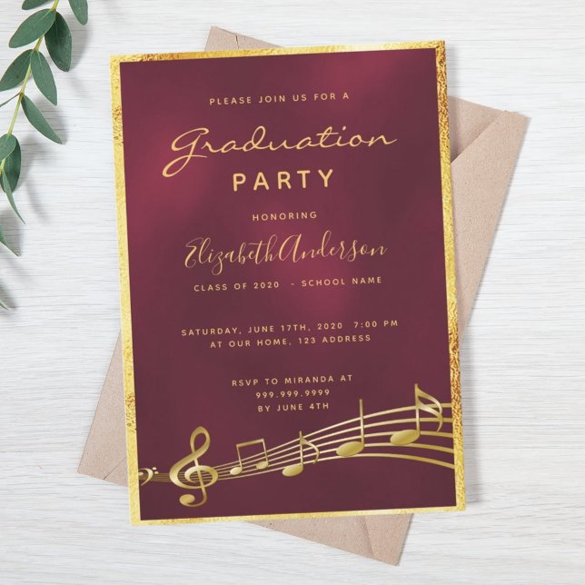Invitation Fête de graduation glam burgundy musique or (Créateur téléchargé)