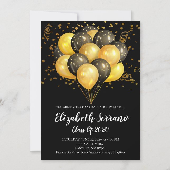 Invitation Fête de graduation Gold & Black Balloons & Confett (Devant)