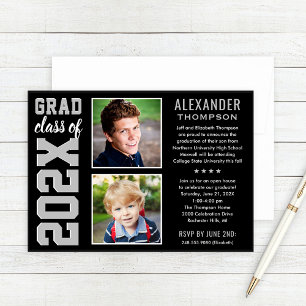 Invitation Fête de graduation moderne Black Grey Deux photos