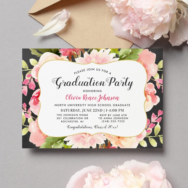 Invitation Fête de graduation moderne Blush Rose Floral Strip (Créateur téléchargé)