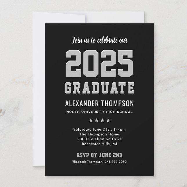 Invitation Fête de graduation moderne de Black Grey 2025 (Devant)