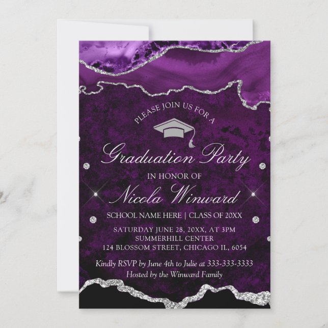 Invitation Fête de graduation moderne en marbre violet (Devant)