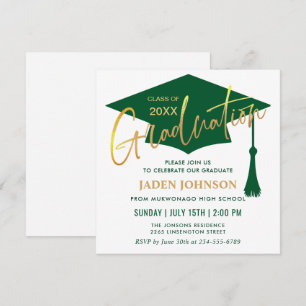 Invitation Fête de graduation moderne simple dorée verte
