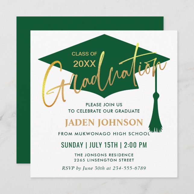 Invitation Fête de graduation moderne simple dorée verte (Devant / Derrière)