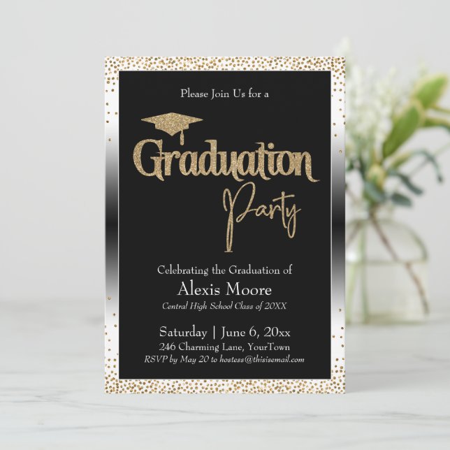 Invitation Fête de Graduation Noir & Blanc Ombre Or Confetti (Debout devant)