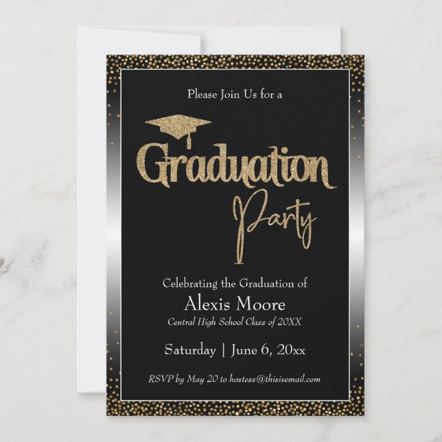 Invitation Fête de Graduation Noir & Blanc Ombre Or Confetti (Devant)