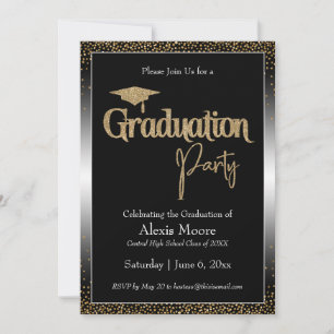 Invitation Fête de Graduation Noir & Blanc Ombre Or Confetti
