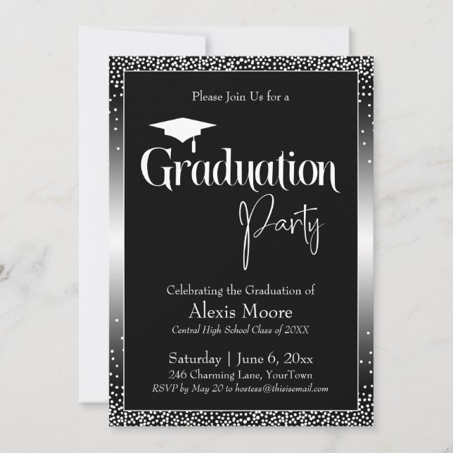 Invitation Fête de Graduation Noir et Blanc Ombre Confetti (Devant)