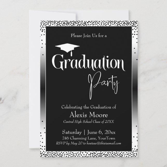 Invitation Fête de Graduation Noir et Blanc Ombre Confetti (Devant)
