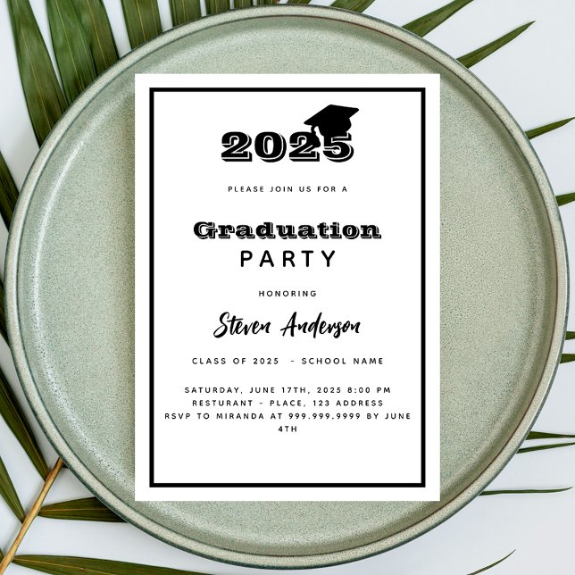 Invitation Fête de graduation noire blanche 2025 (Créateur téléchargé)