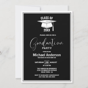 Invitation Fête de graduation noire et blanche moderne