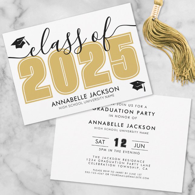 Invitation Fête de graduation Noire et Or Simple (Simple Black And Gold Graduation Party Invitation)