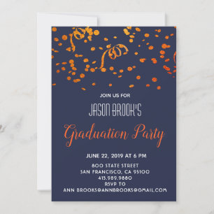 Invitation Fête de Graduation Orange Gold Confetti sur Noir