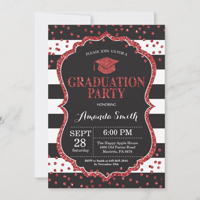 Invitation Fête de graduation Parties scintillant noire et ro (Devant)