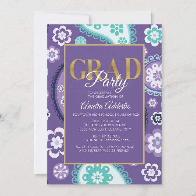 Invitation Fête de graduation personnalisée Purple Turquoise  (Devant)