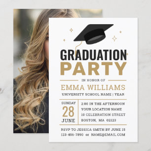 Invitation Fête de Graduation Photo Black White Gold