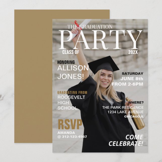 Invitation Fête de graduation Photo du magazine moderne (Devant / Derrière)