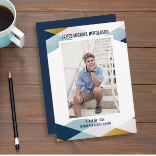 Invitation Fête de graduation photo moderne géométrique bleu 