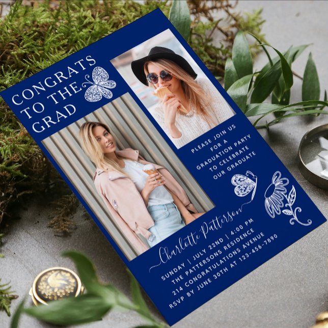 Invitation Fête de graduation photo papillon bleu moderne (Créateur téléchargé)