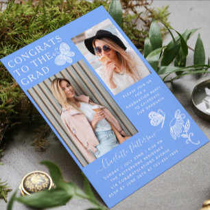 Invitation Fête de graduation photo papillon bleu moderne