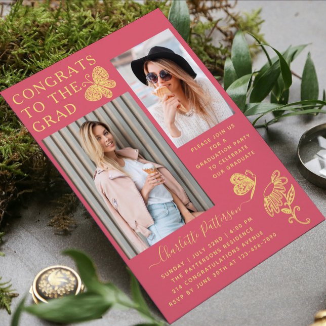 Invitation Fête de graduation photo papillon jaune moderne (Créateur téléchargé)