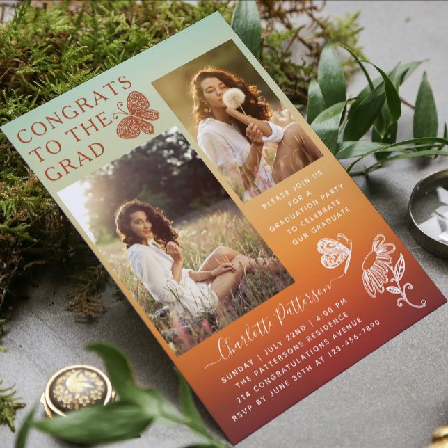 Invitation Fête de graduation photo papillon orange moderne (Créateur téléchargé)