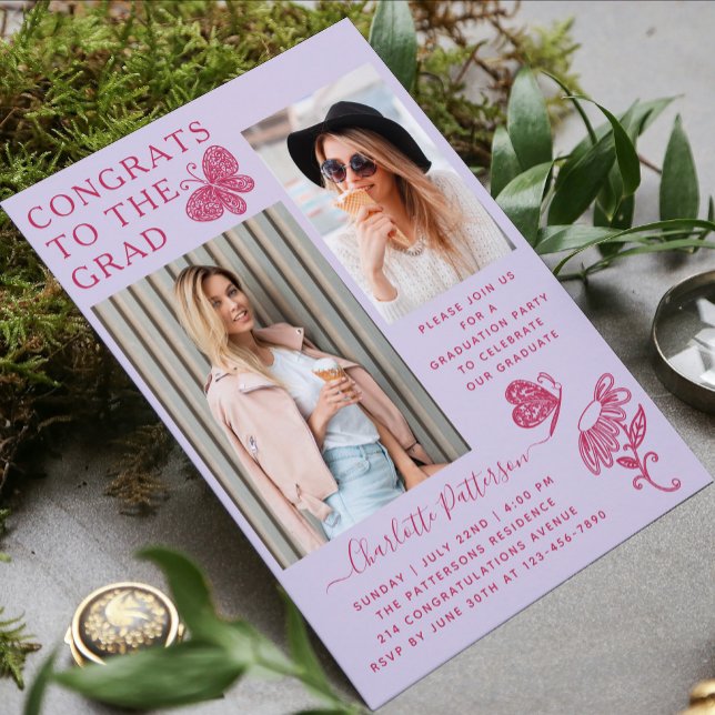 Invitation Fête de graduation Photo Papillon rose clair moder (Créateur téléchargé)