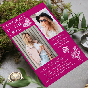 Invitation Fête de graduation photo papillon rose moderne
