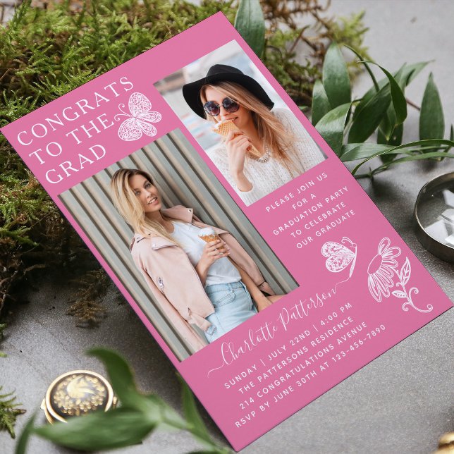 Invitation Fête de graduation photo papillon rose moderne (Créateur téléchargé)