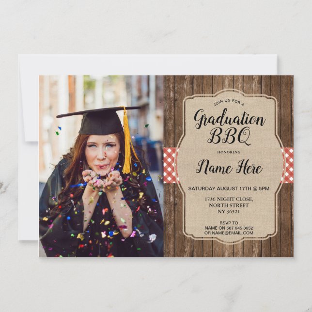 Invitation Fête de graduation Photo Rouge En vichy BBQ Burlap (Devant)