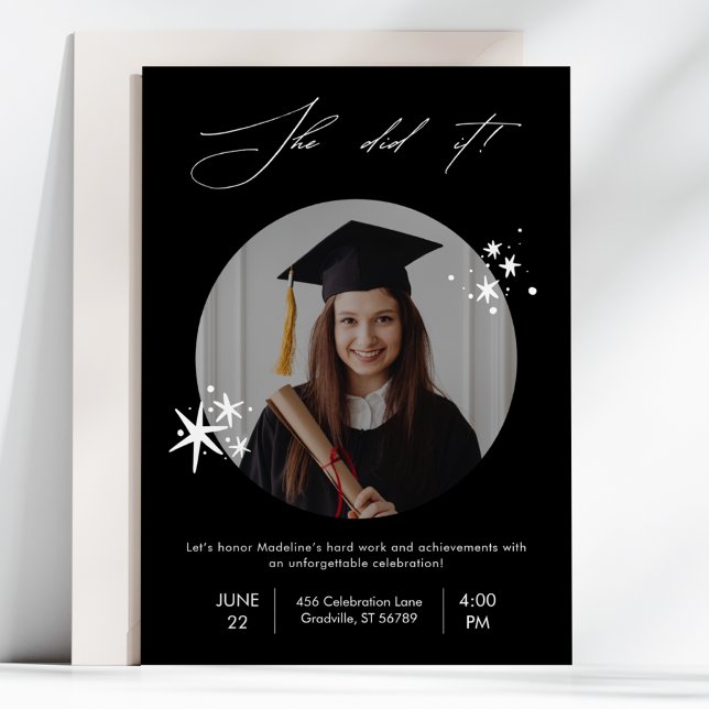 Invitation Fête de graduation Photo Simple Noir Blanc Moderne (Créateur téléchargé)