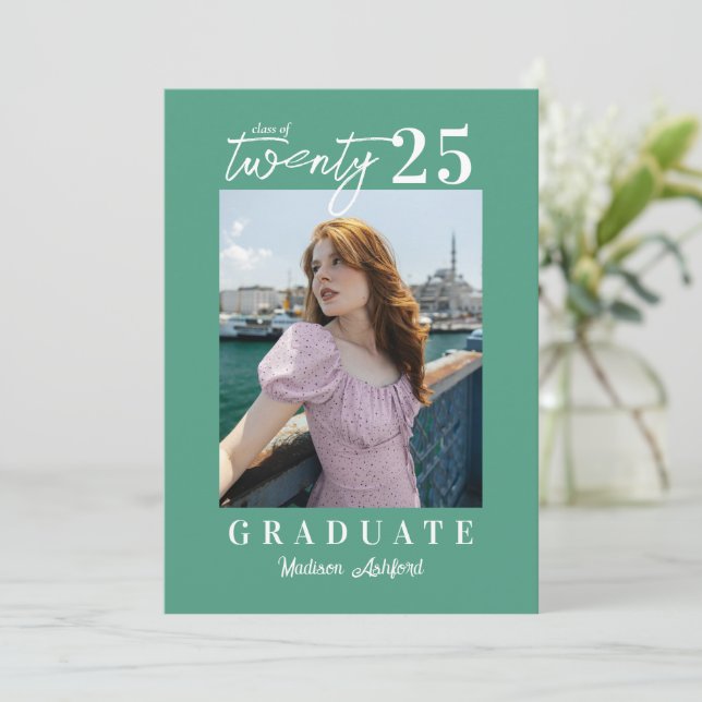 Invitation Fête de graduation photo Turquoise de script moder (Debout devant)