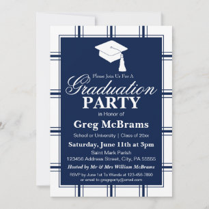 Invitation Fête de graduation Plaid Blue moderne