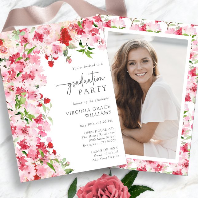 Invitation Fête de graduation rose rouge (Watercolor Red Pink Floral Photo Graduation Party Invitation by Painted Paperie
)