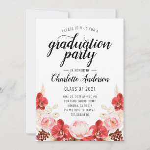 Invitation Fête de graduation Rose Rouge Aquarelle Florale