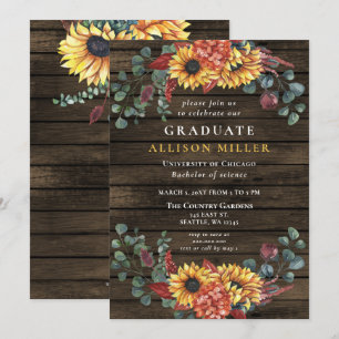 Invitation Fête de graduation Rustic Barn Wood Sunflowers