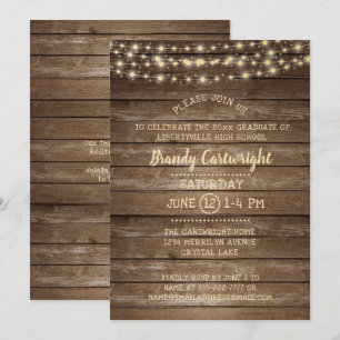 Invitation Fête de graduation Rustic Wood et String Lights