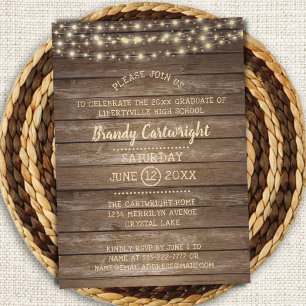 Invitation Fête de graduation Rustique Wood & String Lights