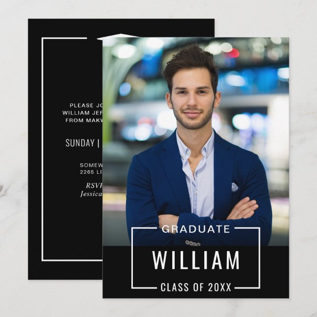 Invitation Fête de graduation Simple Noir Blanc moderne (Devant / Derrière)