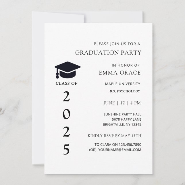 Invitation Fête de Graduation Simple Noir et Blanc (Devant)