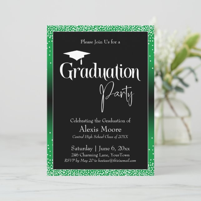 Invitation Fête de graduation vert brillant Ombre Confetti (Debout devant)