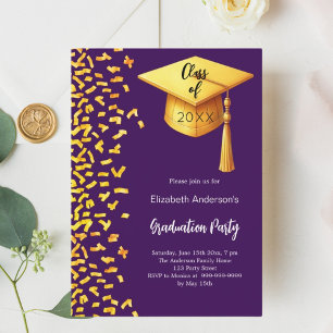 Invitation Fête de graduation violet or confetti fille