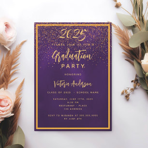 Invitation Fête de graduation violet or confetti luxe