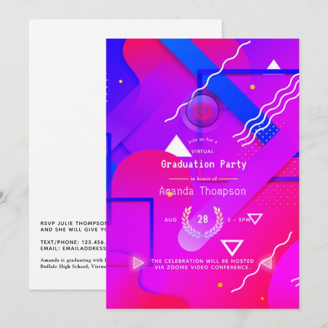 Invitation Fête de graduation virtuelle Géométrique Glow (Devant / Derrière)