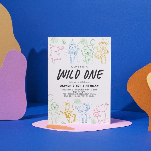 Invitation Fête de gribouillis Animaux 1er anniversaire (Créateur téléchargé)