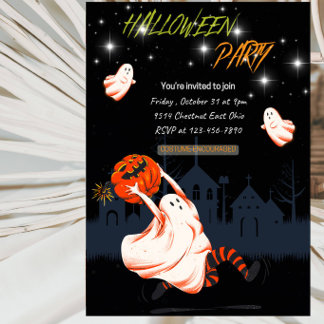 Invitation Fête de Halloween avec Fille Fantôme et Citrouille