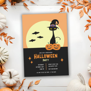 Invitation Fête de Halloween personnalisée avec chat noir rét